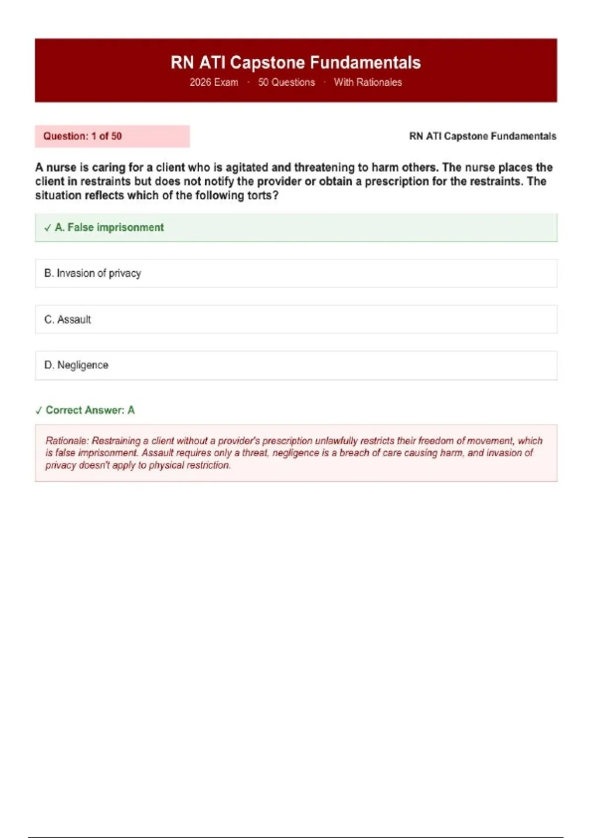 RN ATI Capstone Fundamentals Exam: 50 Questions And Answer | Latest ...