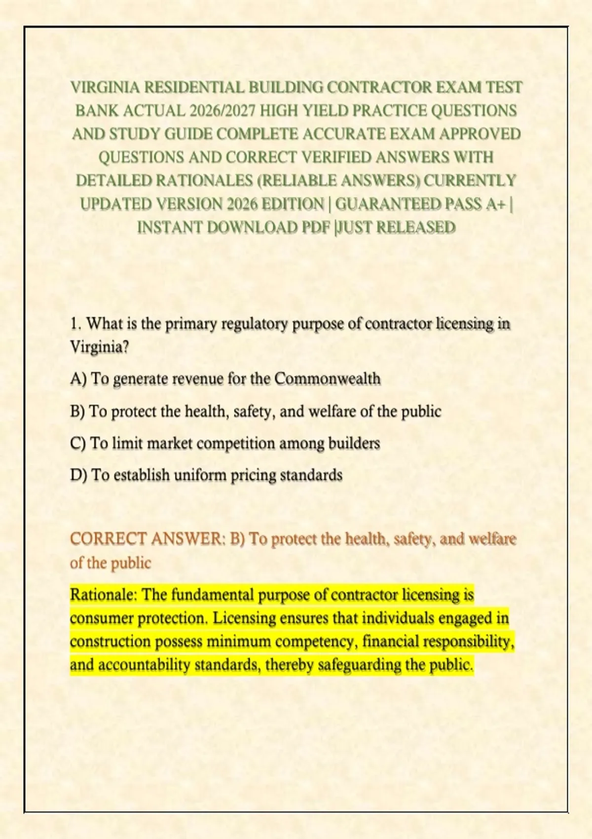 Page Yield Examples Virginia Residential Building Contractor Exam Test Bank Actual 2026/ ...