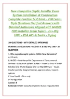 New Hampshire Septic Installer Exam System Installation & Construction Complete Practice Test Bank &ndash; 200 Exam-Style Questions Verified Answers with Detailed Rationales Aligned with NHDES ISDS Installer Exam Topics &bull; Env-Wq 1000 &bull; RSA 485-A Tanks &bull; Piping