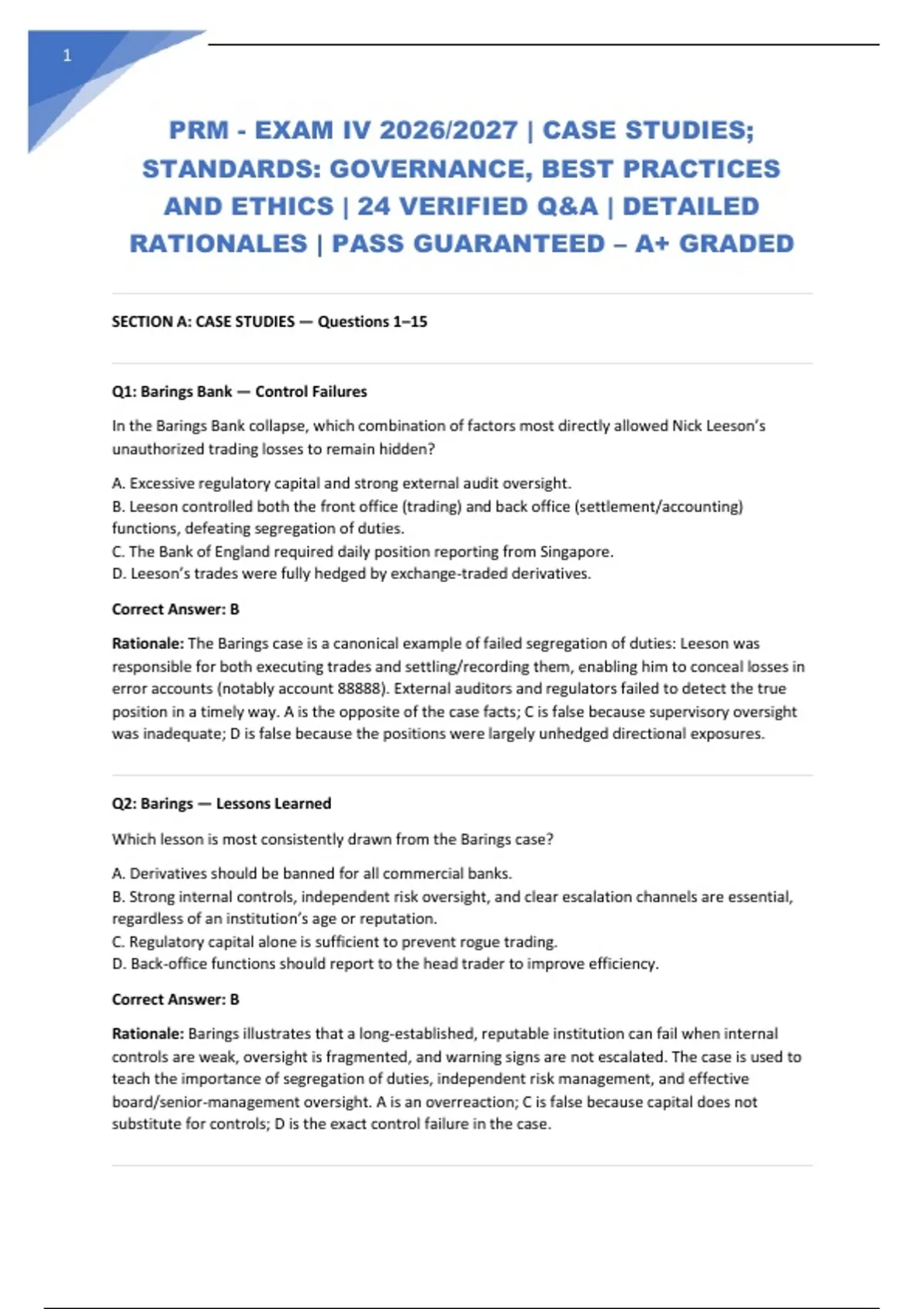 Detailed Perspective Prm - Exam Iv 2026/2027 | Case Studies; Standards: Governance, Best ...