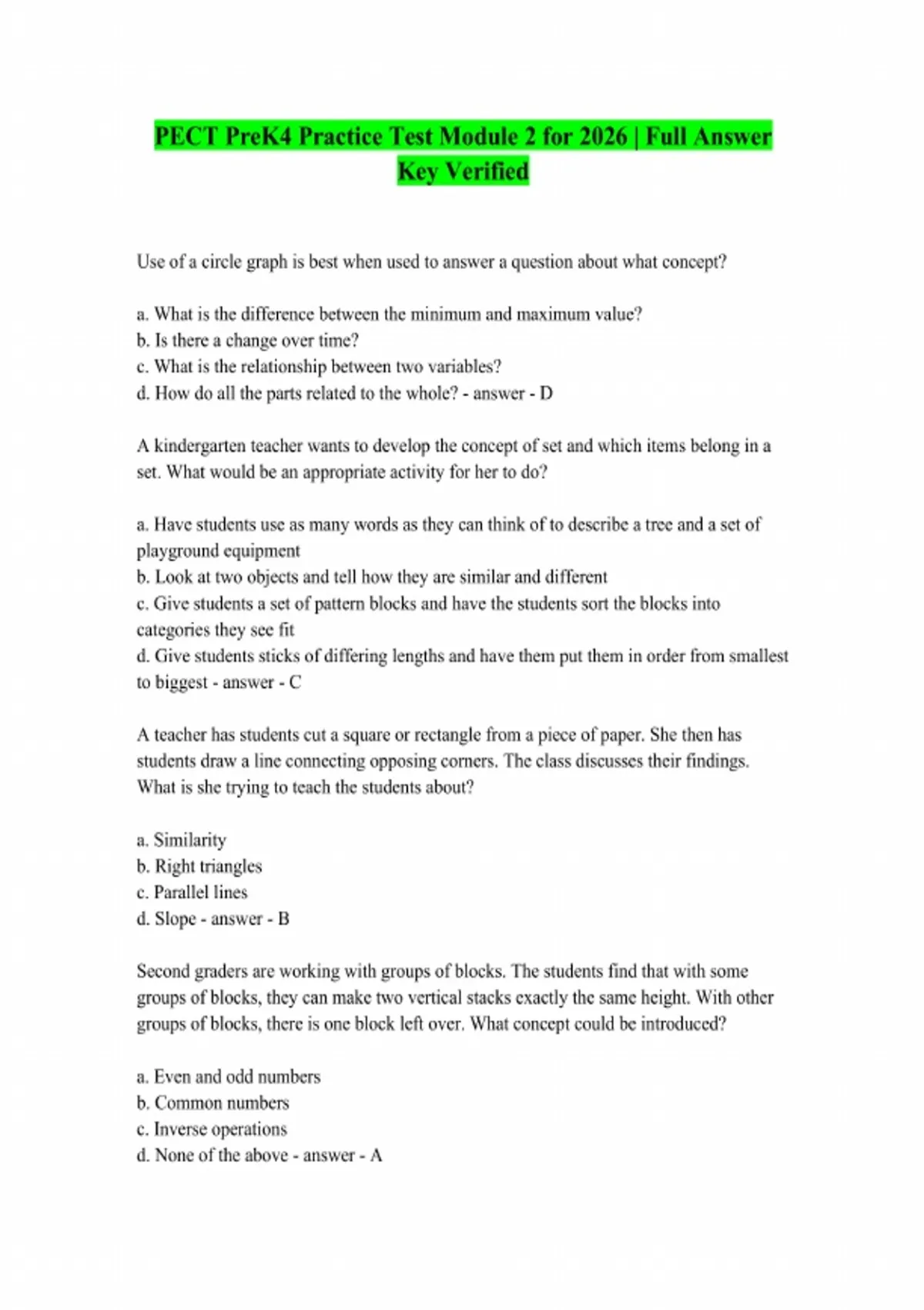 PECT PreK4 Practice Test Module 2 Questions and Answers with Complete ...