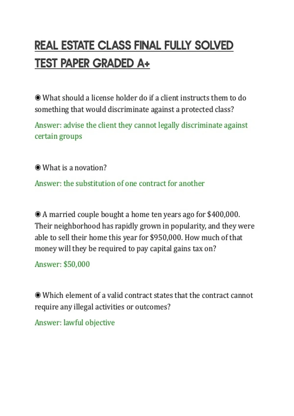 Test Papers Real Real Estate Class Final Fully Solved Test Paper Graded A+ - REAL ESTATE ...