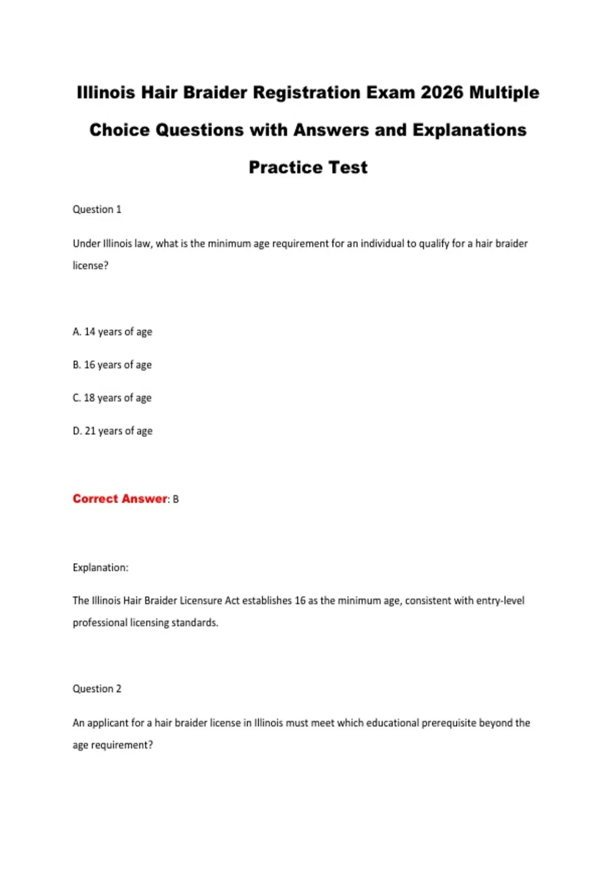 Illinois Hair Braider Registration Exam 2026 Multiple Choice Questions ...