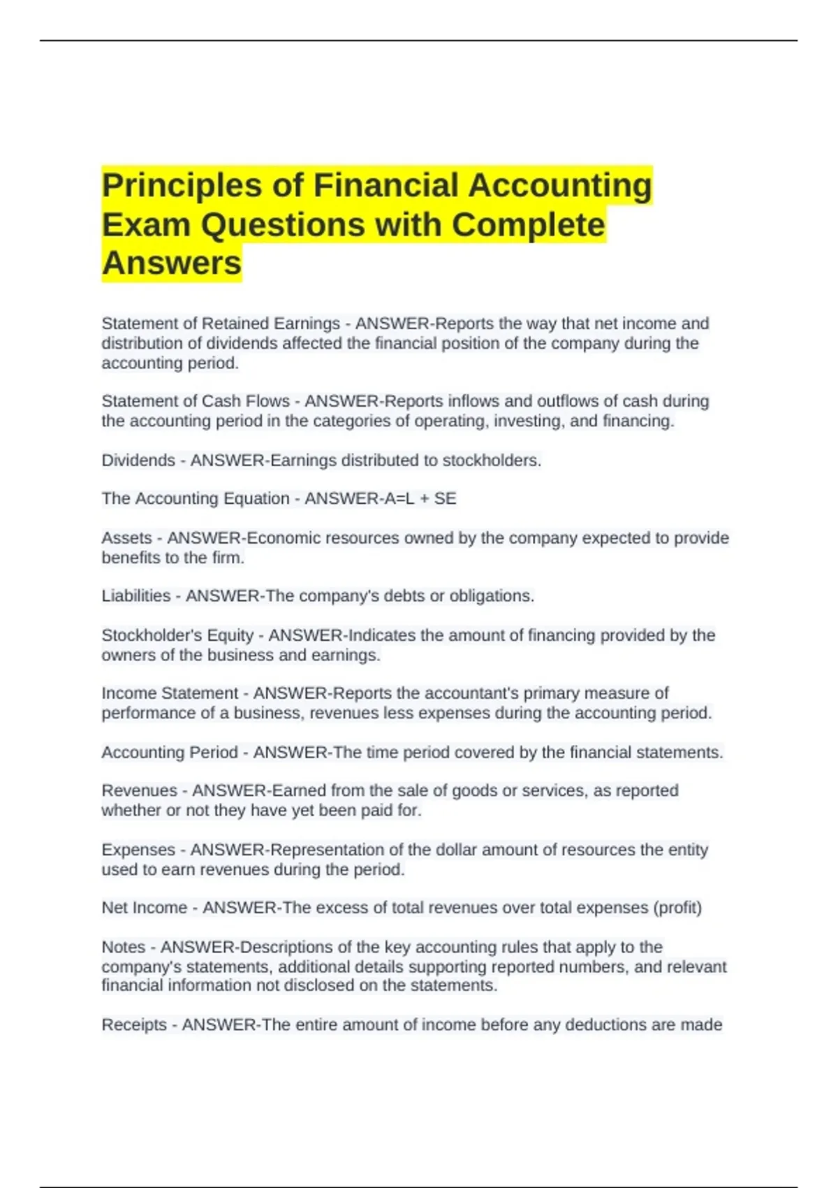 Financial Reporting Questions Principles of Financial Accounting Exam Questions with Complete Answers ...