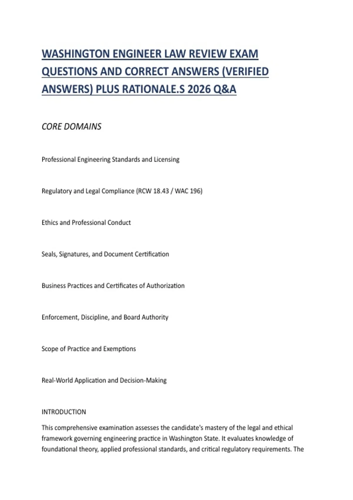 Engineering Review Example WASHINGTON ENGINEER LAW REVIEW EXAM QUESTIONS AND CORRECT ANSWERS ...