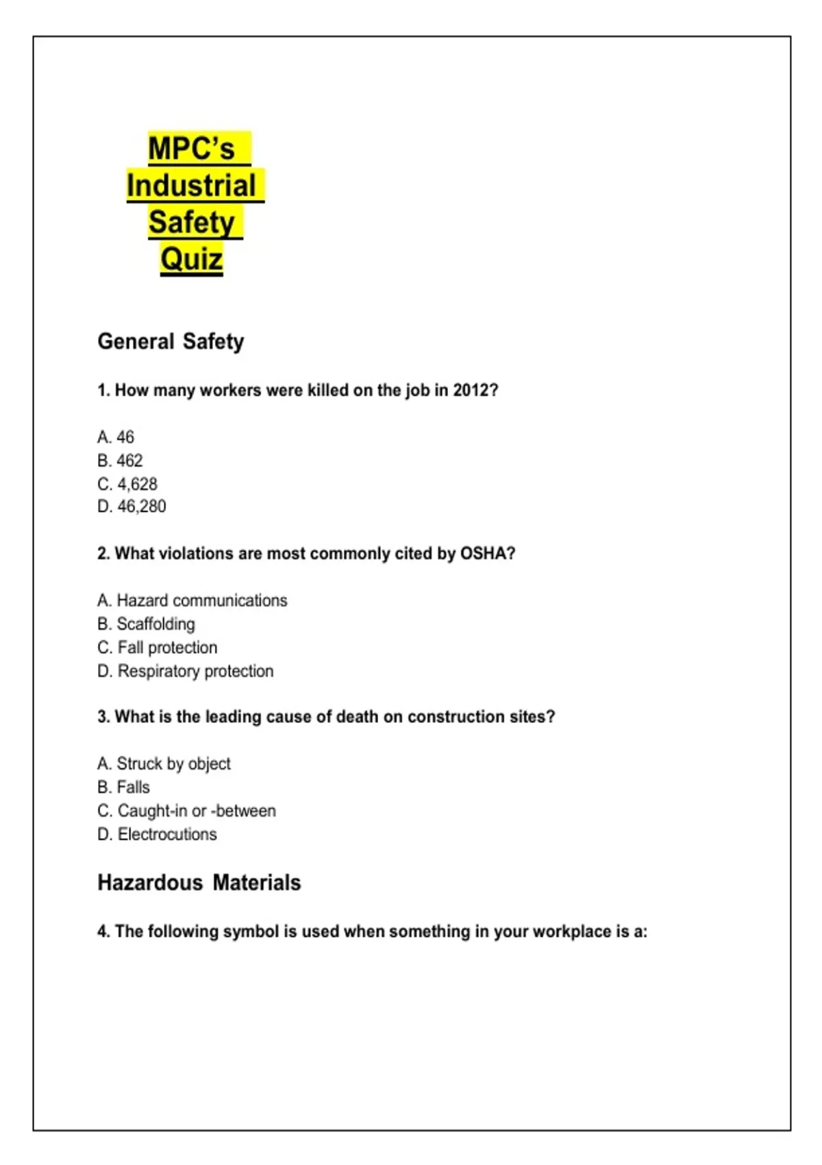 Safety Sample Industrial Safety Quiz Questions and Answers – Workplace Safety ...