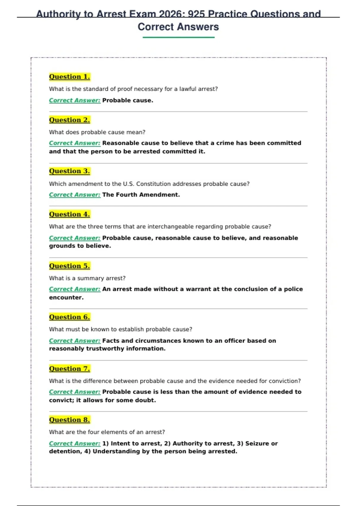 Authority to Arrest Exam 2026: 925 Practice Questions and Correct ...