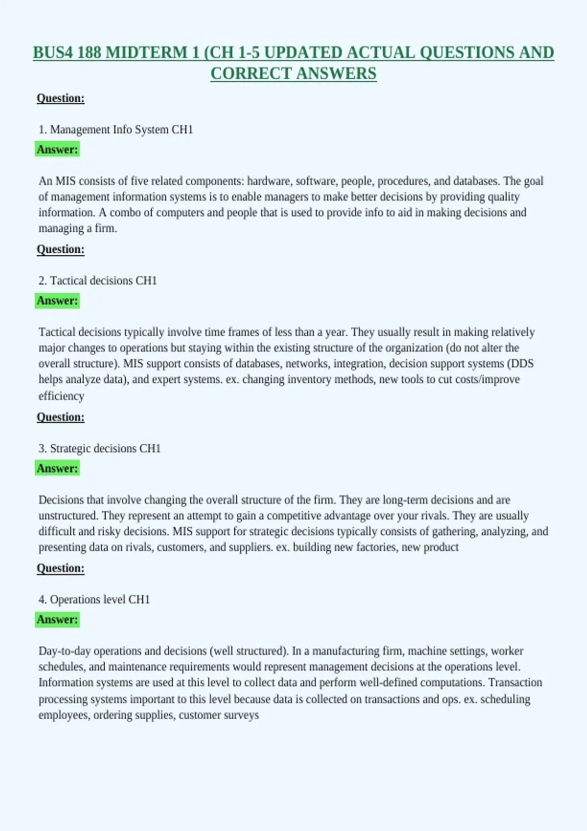 Bus4 188 Midterm 1 (Ch 1-5 Updated Actual Questions And Correct Answers ...