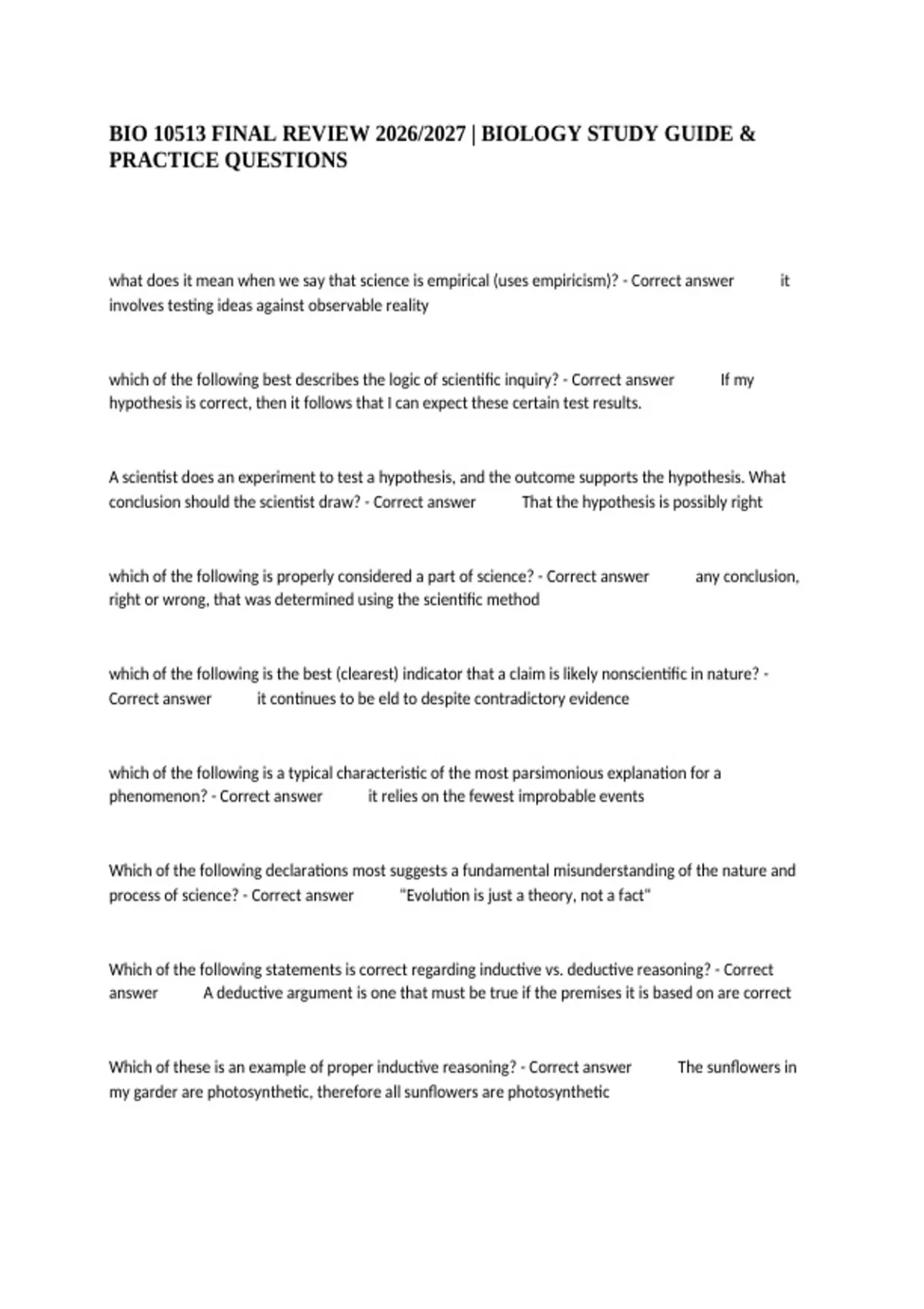 Bio 10513 Final Review 2026/2027 | Biology Study Guide & Practice ...