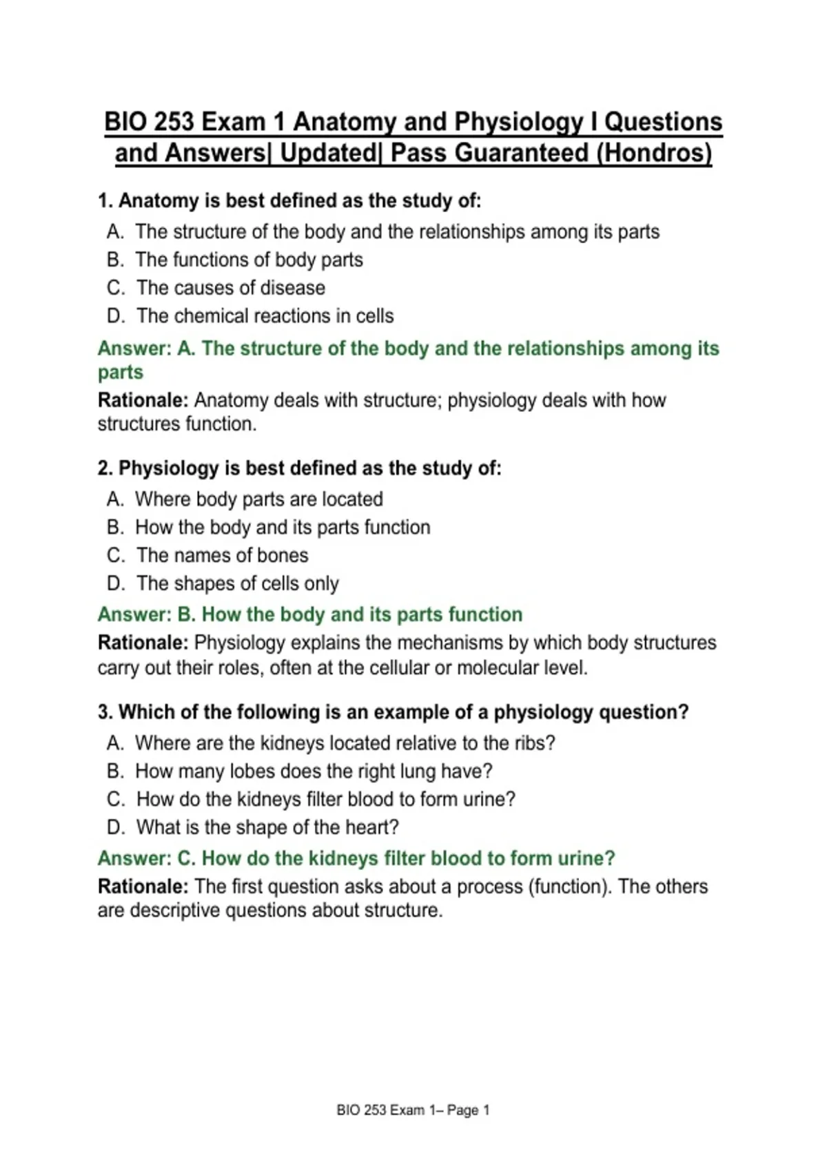 BIO 253 Exam 1 Anatomy and Physiology I Questions and Answers| Updated ...