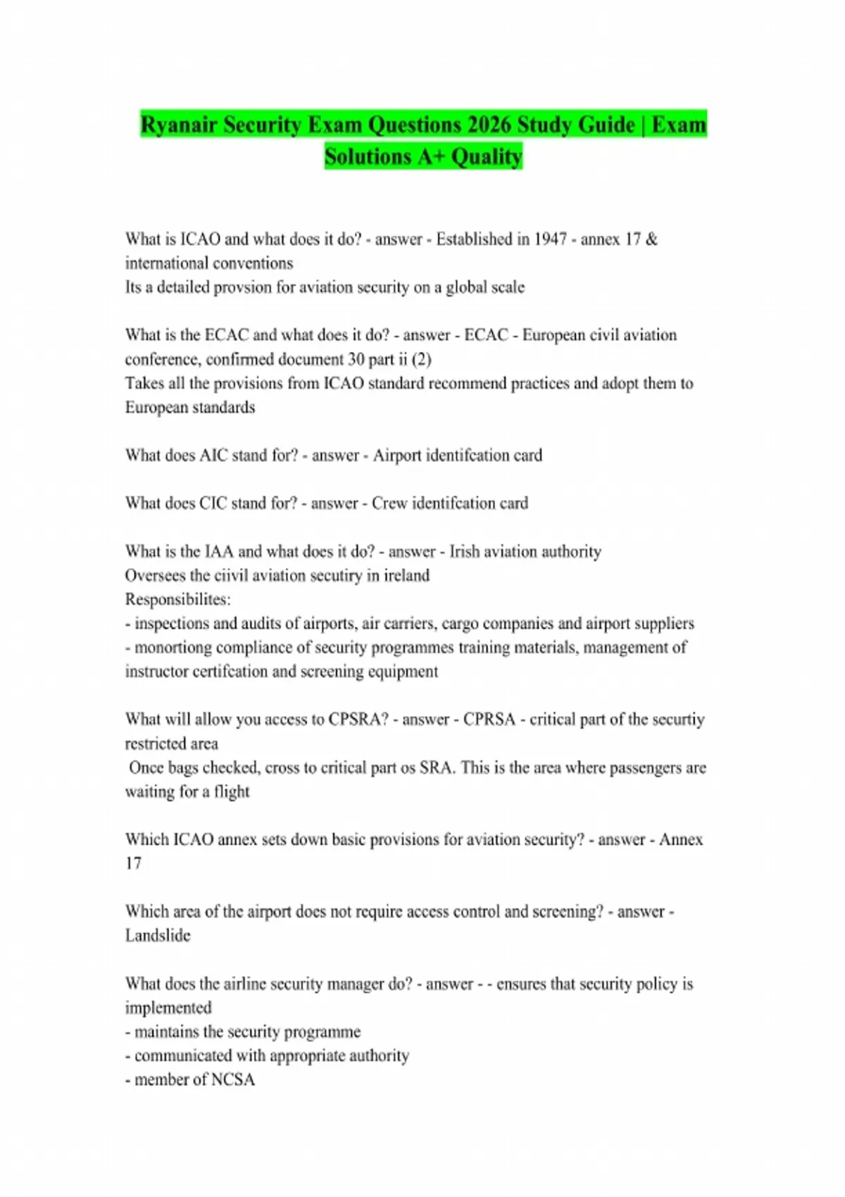 Security Save Ryanair security Exam Exam Question with 100 Correct Answers 2026 ...