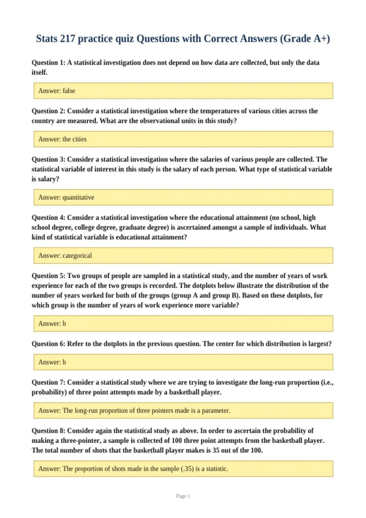 Practice Questions For Statistics Stats 217 practice quiz Questions with Correct Answers (Grade A+ ...