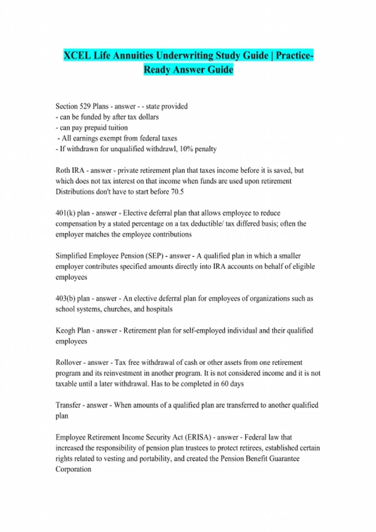XCEL Life Underwriting Annuities Questions and Answers Already Passed ...