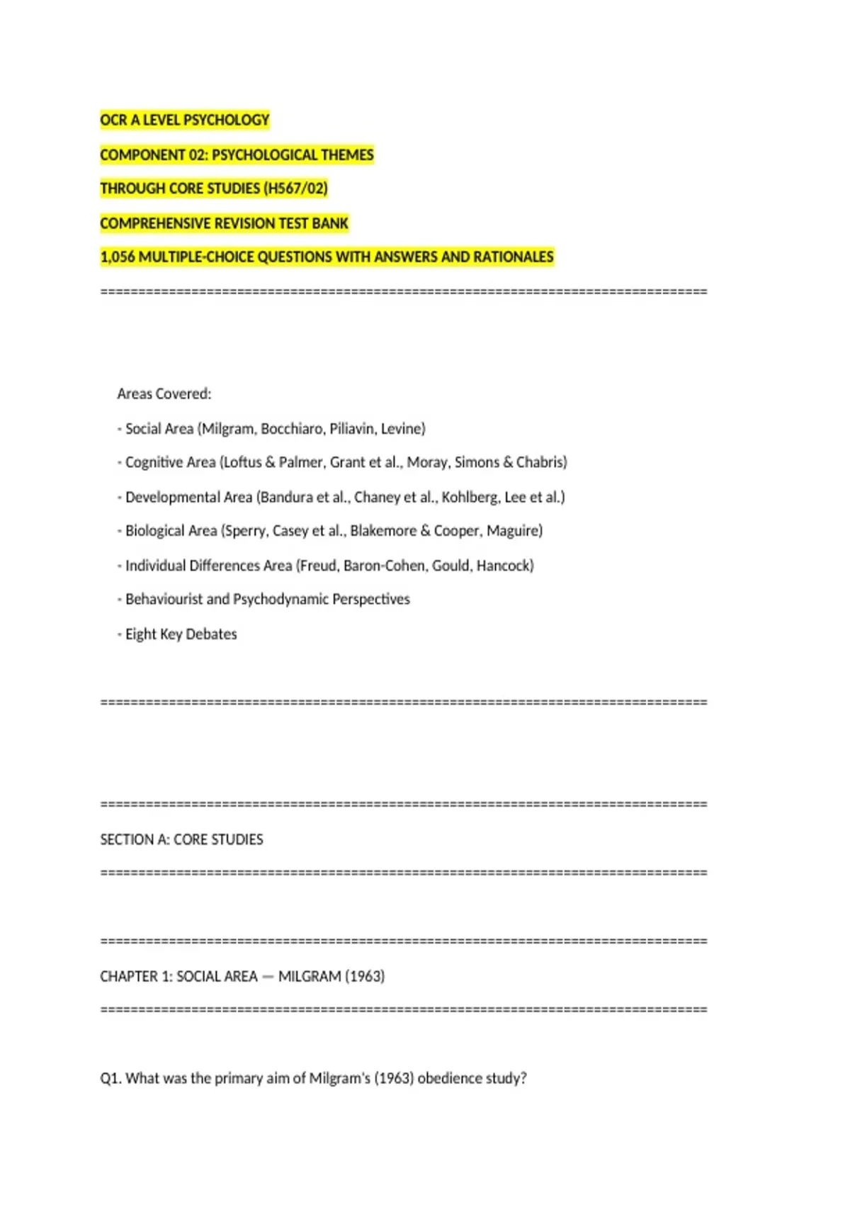 Ocr A Level Psychology Component 02: Psychological Themes Through Core ...