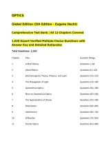 OPTICS&NewLine;Global Edition &lpar;5th Edition &ndash; Eugene Hecht&rpar;&NewLine;Comprehensive Test Bank &vert; All 13 Chapters Covered&NewLine;1&comma;020 Expert-Verified Multiple-Choice Questions with Answer Key and Detailed Rationales&NewLine;Total Questions&colon; 1&comma;020&NewLine;Chapter&Tab;Title&Tab;Question Range&NewLine;1&Tab;A Brie