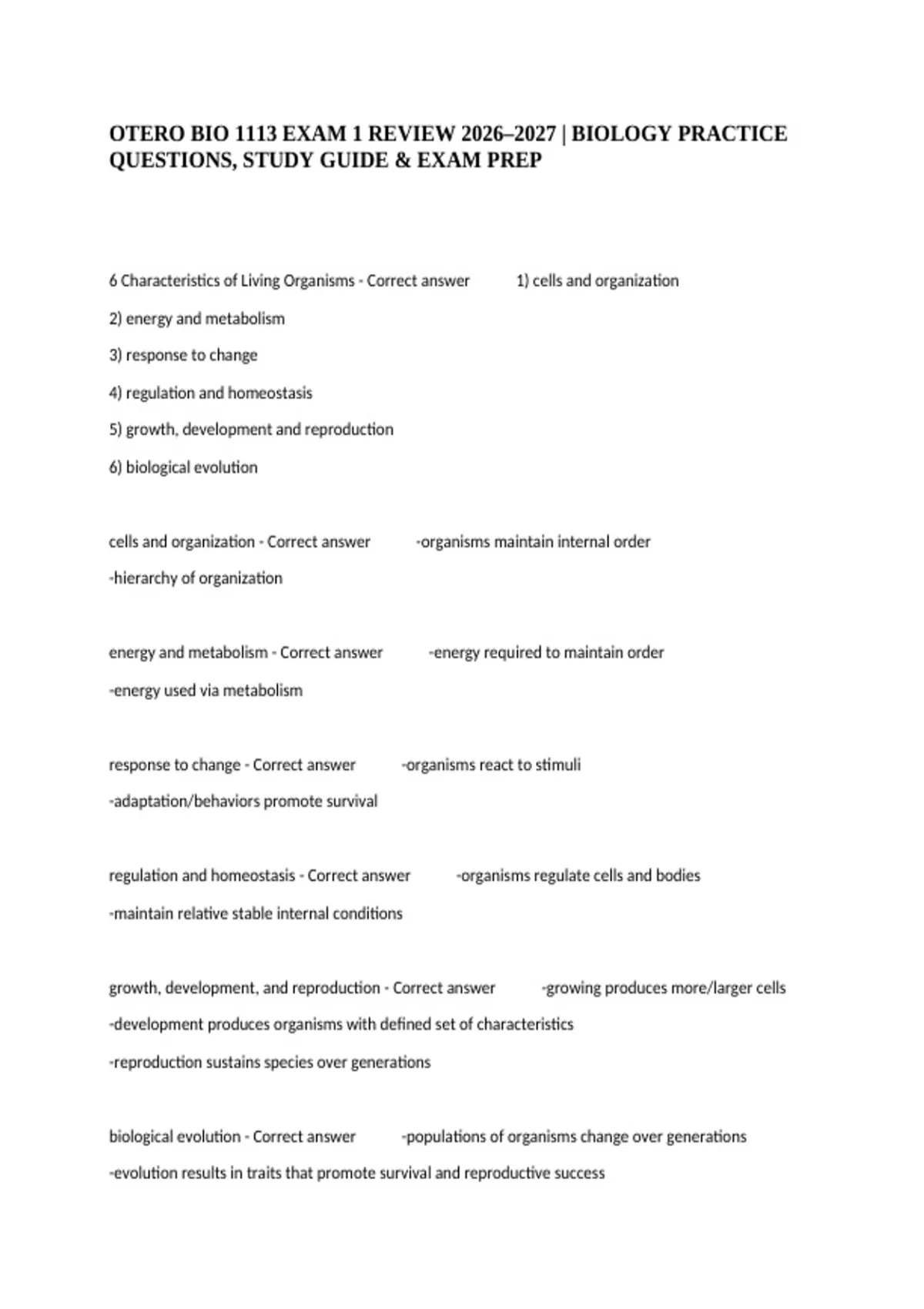Otero Bio 1113 Exam 1 Review 2026–2027 | Biology Practice Questions ...