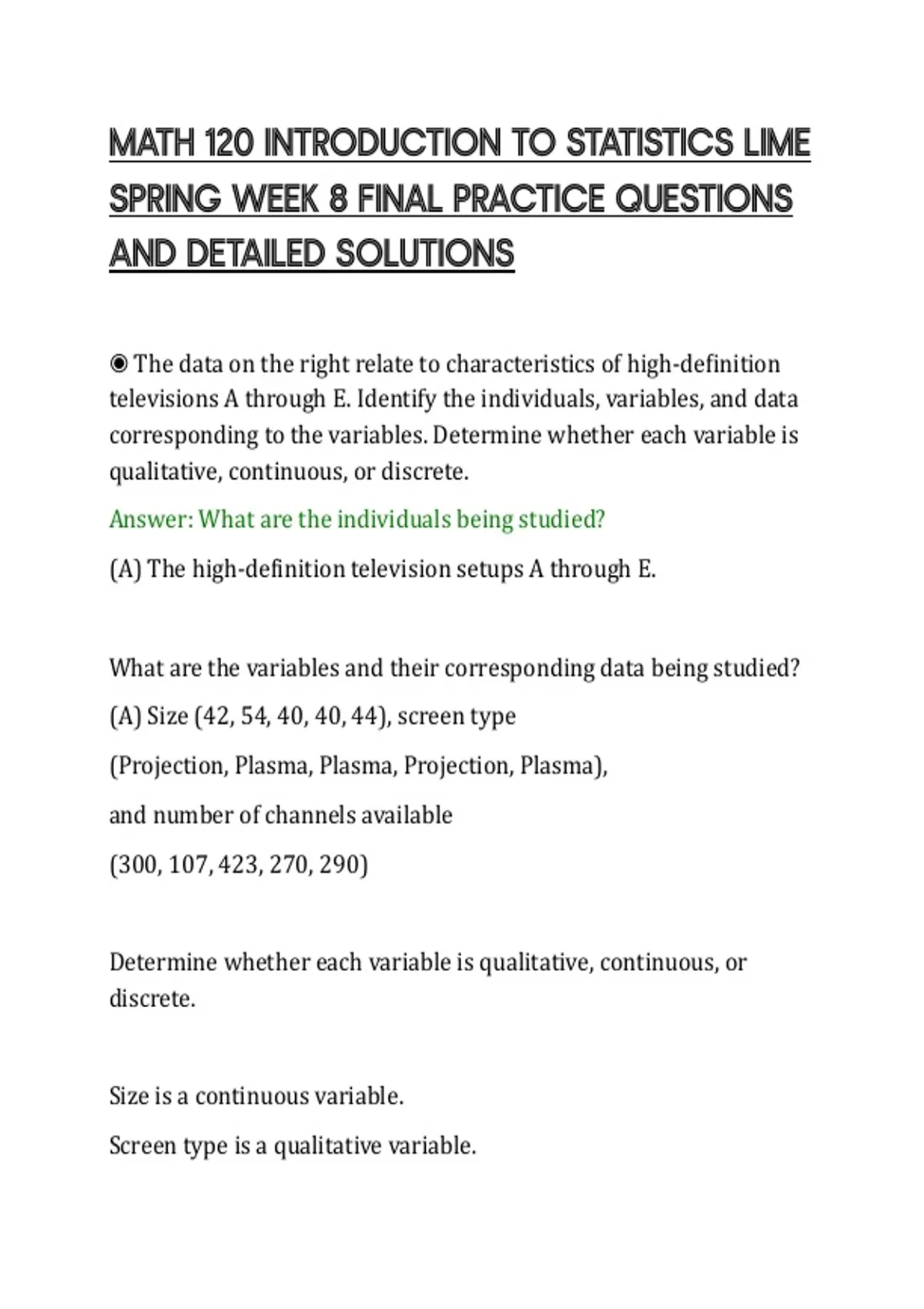 The Final Solution Example Math 120 Introduction To Statistics Lime Spring Week 8 Final Practice ...