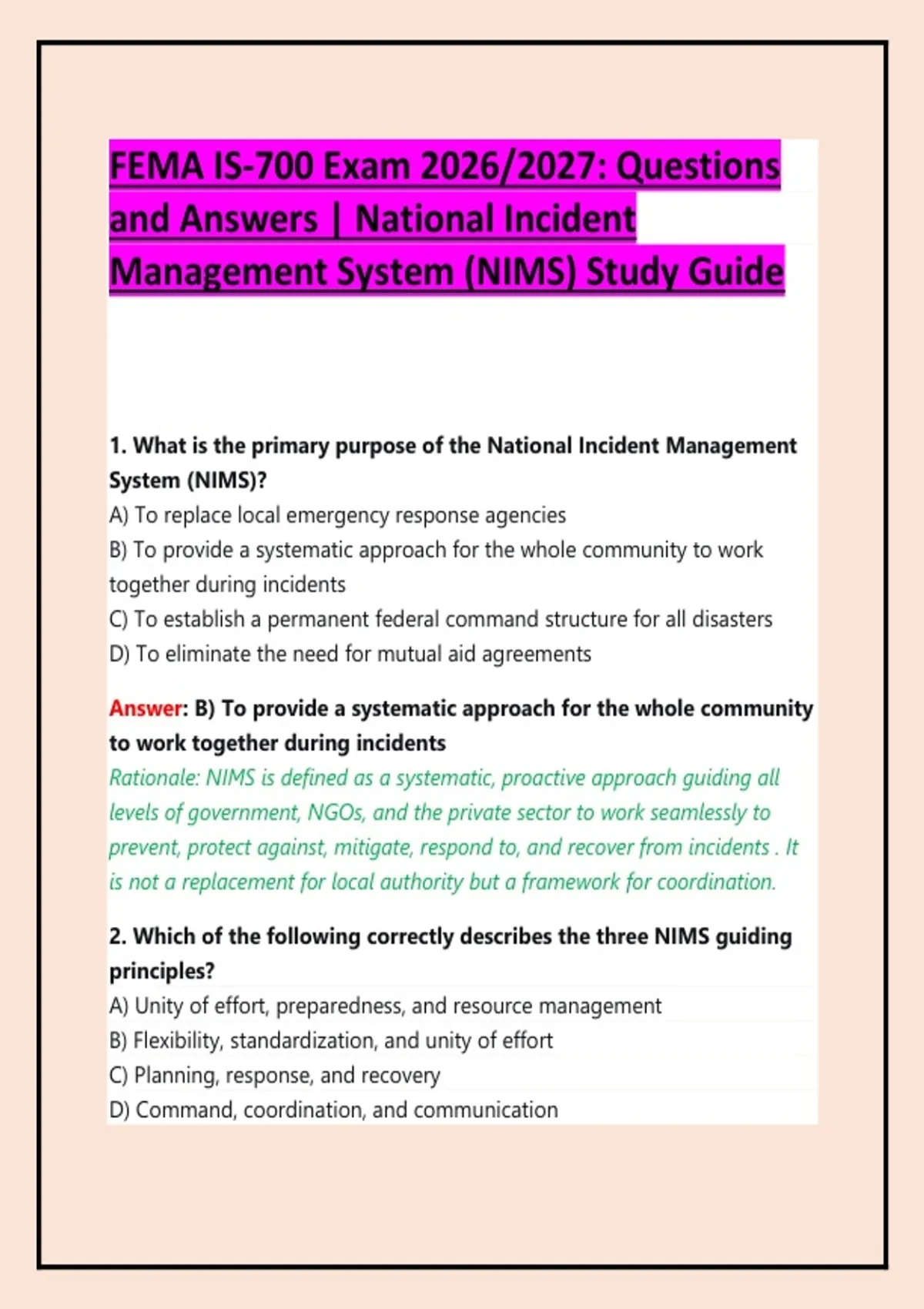 FEMA IS-700 Exam 2026/2027: Questions and Answers | National Incident ...