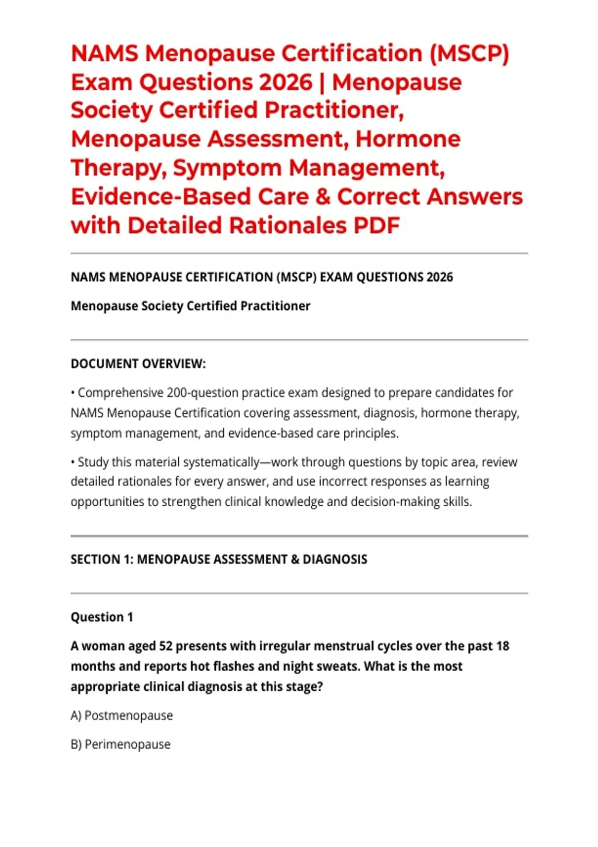 NAMS Menopause Certification (MSCP) Exam Questions 2026 | Menopause ...