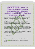 HAZWOPER 40 - Lesson 14&colon;&NewLine;Emergency Procedures Lesson&NewLine;Description Exam Preparation&comma;&NewLine;Academic Year 2026&sol;2027 &ndash; Questions&NewLine;with Answers Graded A&plus;&NewLine;Lesson Description - Answers  This lesson&comma; Emergency&NewLine;Procedures&comma; outlines vital steps to follow when planni