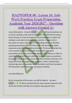 HAZWOPER 40 - Lesson 16&colon; Safe&NewLine;Work Practices Exam Preparation&comma;&NewLine;Academic Year 2026&sol;2027 &ndash; Questions&NewLine;with Answers Graded A&plus;&NewLine;Lesson Description - Answers  Safe work practices are&NewLine;crucial to creating a safe work environment&period; The Safe Work Practices&NewLine;less