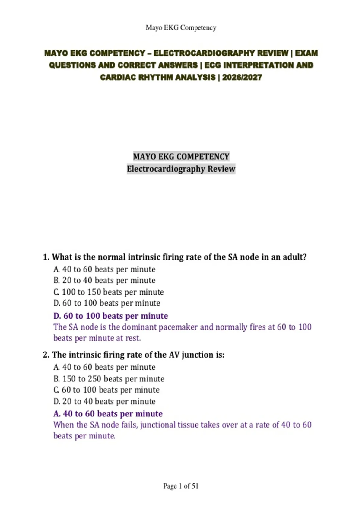 Mayo Ekg Competency – Electrocardiography Review | Exam Questions And ...