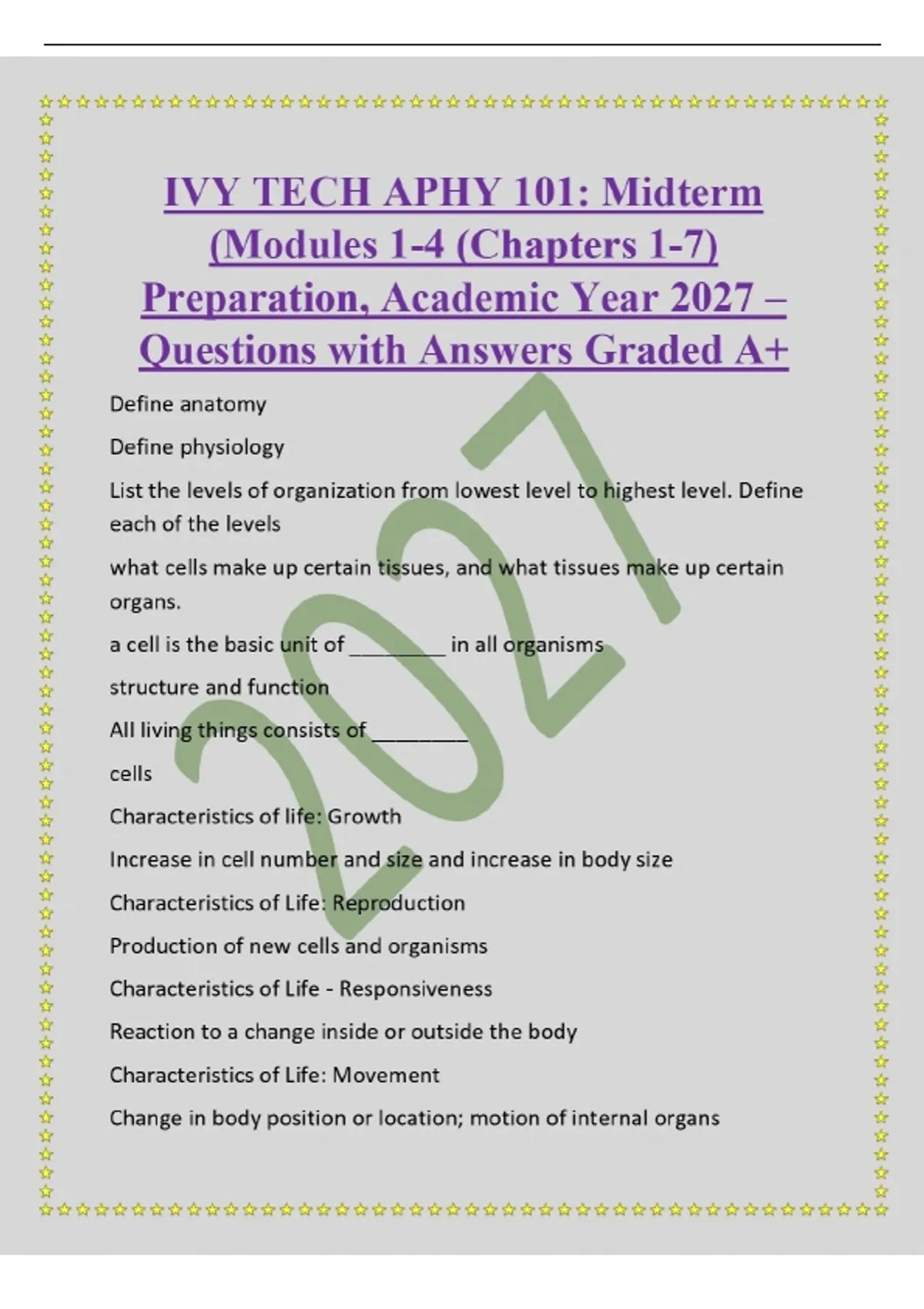 IVY TECH APHY 101: Midterm (Modules 1-4 (Chapters 1-7) Preparation ...