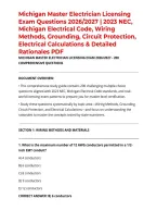 Michigan Master Electrician Licensing Exam Questions 2026&sol;2027 &vert; 2023 NEC&comma; Michigan Electrical Code&comma; Wiring Methods&comma; Grounding&comma; Circuit Protection&comma; Electrical Calculations & Detailed Rationales PDF