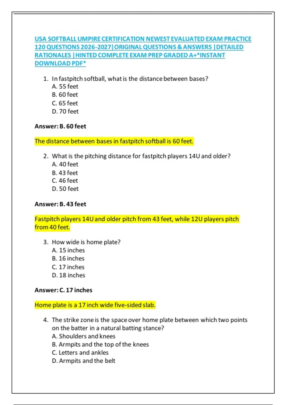 Usa Softball Umpire Certification Newest Evaluated Exam Practice 120 ...