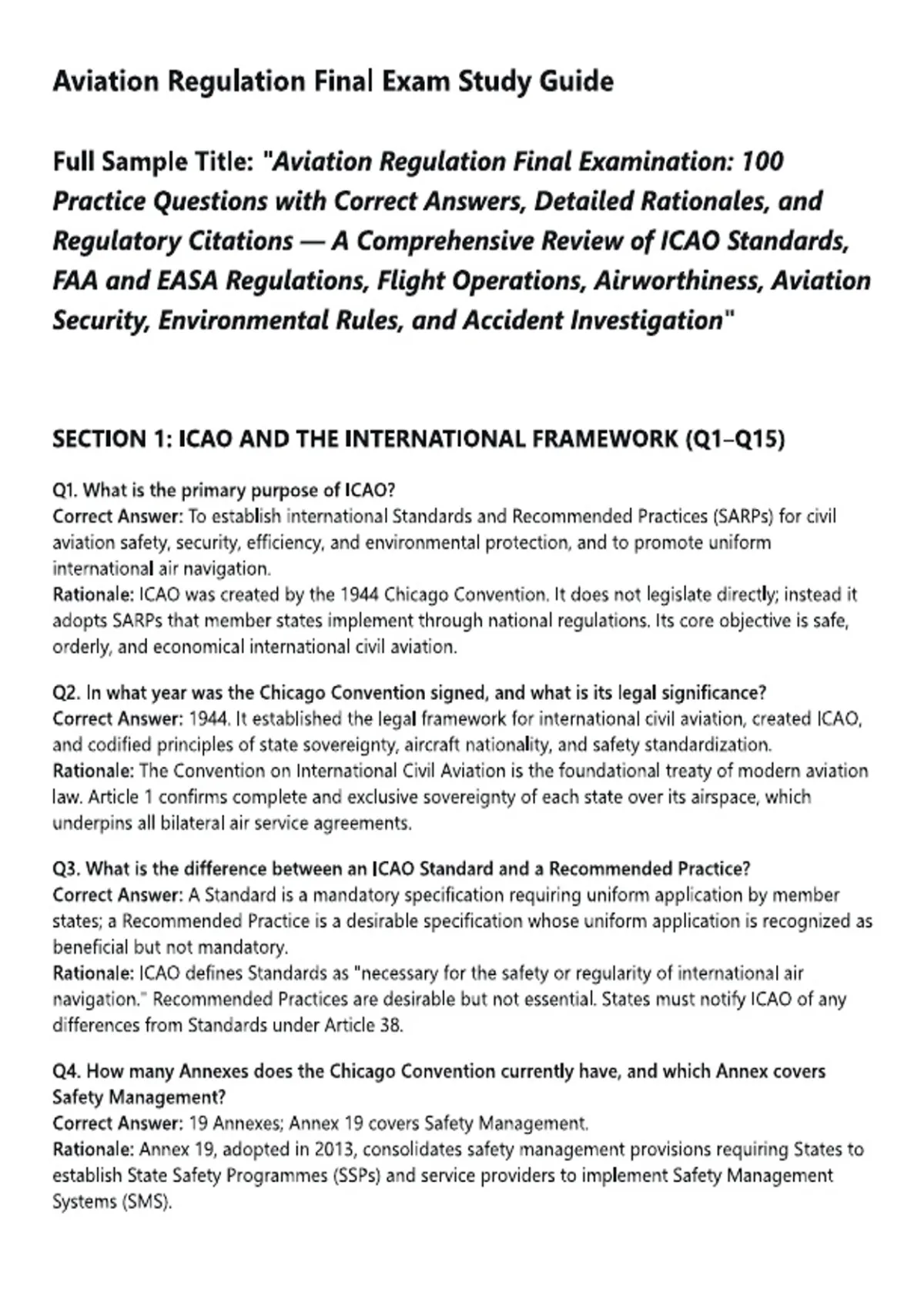 Aviation Regulation Final Exam Study Guide Full Sample Title: 
