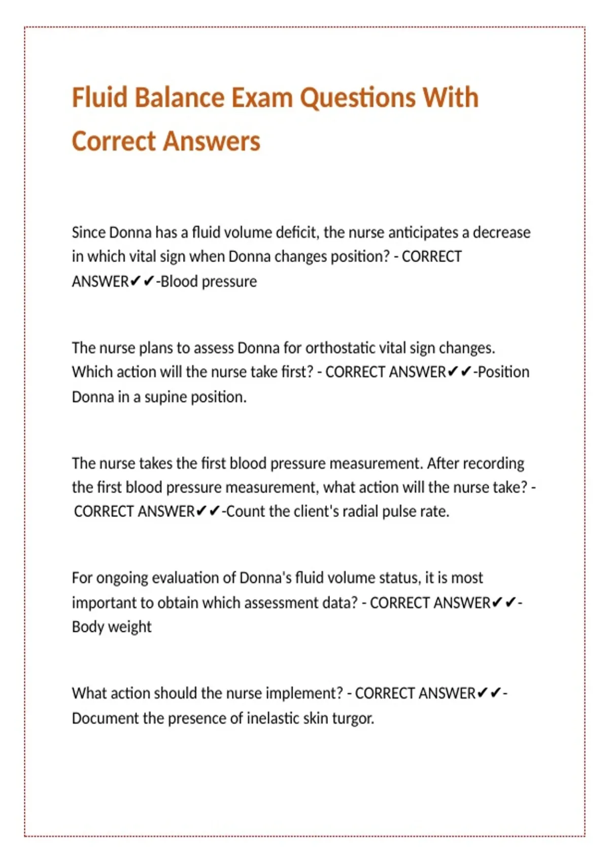 Fluid Balance Exam Questions With Correct Answers - Fluid Balance ...