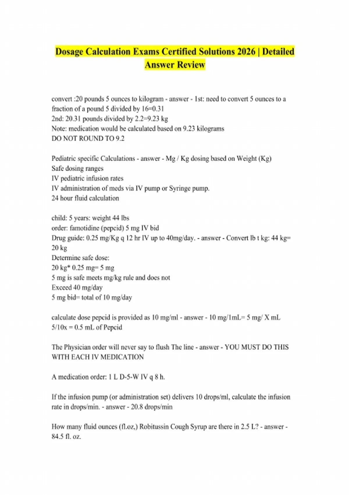 Dosage Calculation Exams Questions and Answers with Certified Solutions ...
