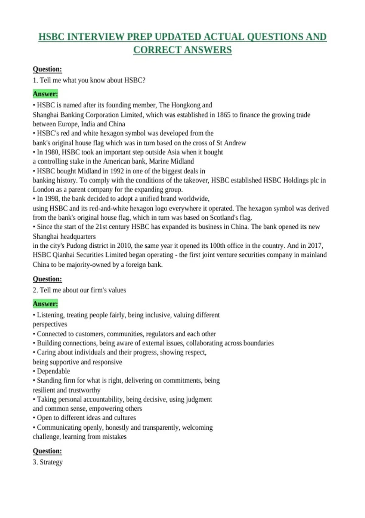 Hsbc Interview Prep Updated Actual Questions And Correct Answers ...