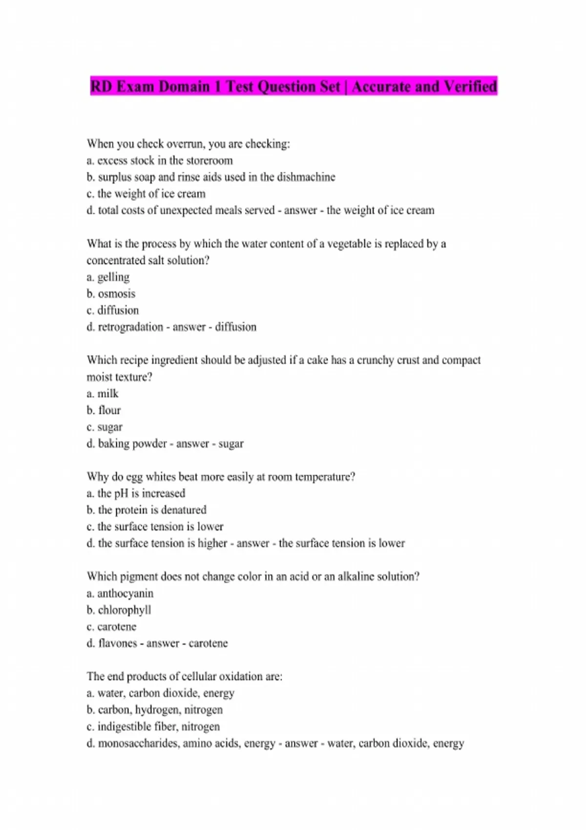RD Exam Domain 1 Test Questions and Answers Latest A GUARANTEED - RD ...