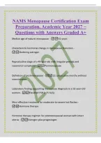 NAMS Menopause Certification Exam&NewLine;Preparation&comma; Academic Year 2027 &ndash;&NewLine;Questions with Answers Graded A&plus;&NewLine;Median age of natural menopause - 51 years&NewLine;Characteristic hormonal change in menopause transition -&NewLine;Declining estrogen&NewLine;Reproductive stage of a 49-ye