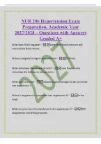 NUR 206 Hypertension Exam&NewLine;Preparation&comma; Academic Year&NewLine;2027&sol;2028 &ndash; Questions with Answers&NewLine;Graded A&plus;&NewLine;What does RAAS regulate&quest; -Long-term blood pressure and&NewLine;extracellular fluid volume&period;&NewLine;Where is angiotensinogen released from&quest; -The liver&period;&NewLine;What stimulates