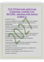 NUR 370 final study guide Exam&NewLine;Preparation&comma; Academic Year&NewLine;2027&sol;2028 &ndash; Questions with Answers&NewLine;Graded A&plus;&NewLine;quantitative research&NewLine;A structured&comma; NUMERICAL approach to research that tests hypotheses&NewLine;using statistical analysis&period; Emphasizes objectivity&comma; repli