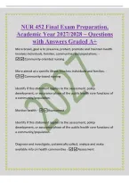 NUR 452 Final Exam Preparation&comma;&NewLine;Academic Year 2027&sol;2028 &ndash; Questions&NewLine;with Answers Graded A&plus;&NewLine;More broad&comma; goal is to preserve&comma; protect&comma; promote and maintain health&period;&NewLine;Involves individuals&comma; families&comma; communities and populations&period; -&NewLine;Community-oriented nursin