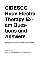 CIDESCO &NewLine;Body Electro &NewLine;Therapy Ex&NewLine;am Ques&NewLine;tions and &NewLine;Answers &NewLine;200 complete questions and answers 100&percnt; verified A&plus; Graded  &NewLine;Guarantee Pass &NewLine;Exam Overview &NewLine;Component  Details  &NewLine;Exam Title  CIDESCO Body Electro Therapy Certification  &NewLine;Total Questi