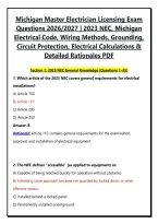 Michigan Master Electrician Licensing Exam Questions 2026&sol;2027 &vert; 2023 NEC&comma; Michigan Electrical Code&comma; Wiring Methods&comma; Grounding&comma; Circuit Protection&comma; Electrical Calculations & Detailed Rationales PDF&NewLine;