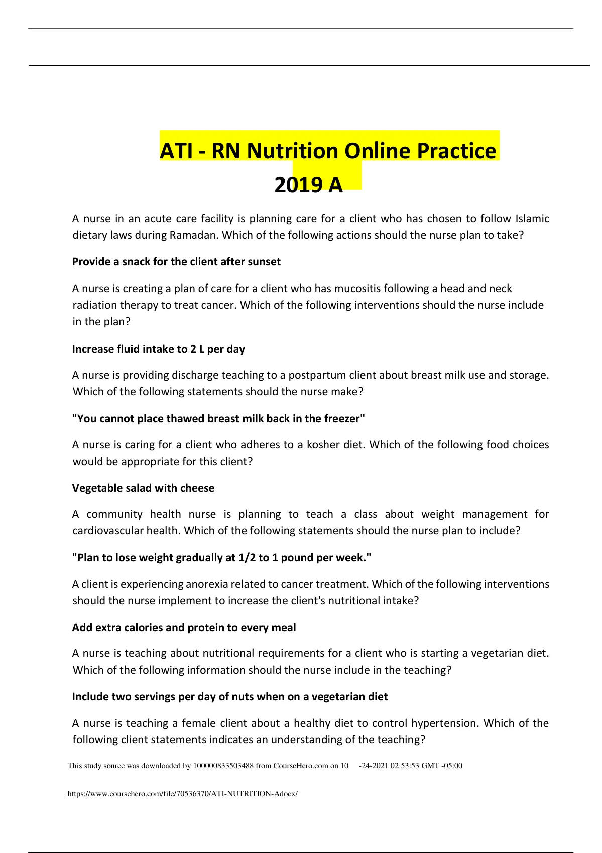ATI RN Nutrition Online Practice Combined A &B Test Exam With