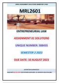 MRL2601 - Entrepreneurial Law Assignment 01 Solutions, Semester 2, 2023