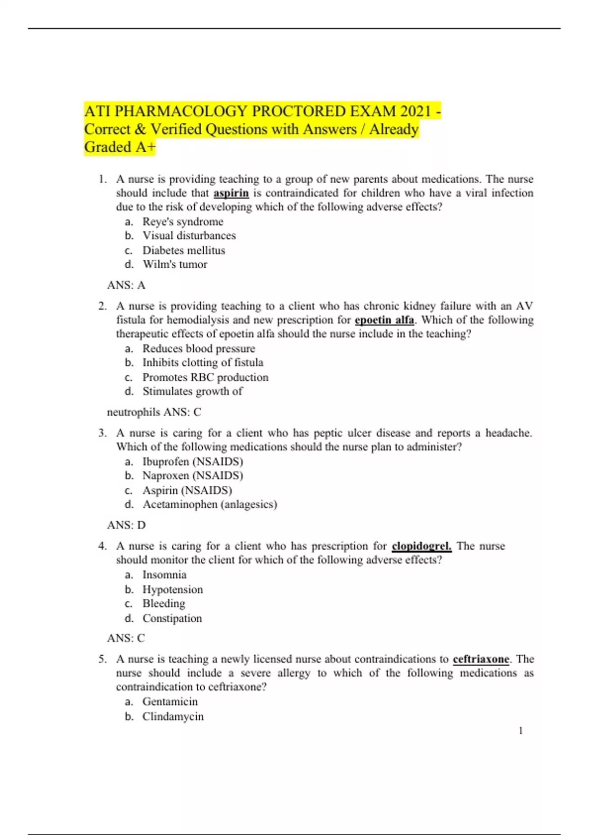 ATI Pharmacology Proctored Exam 2021 Updates Questions And Answers ...