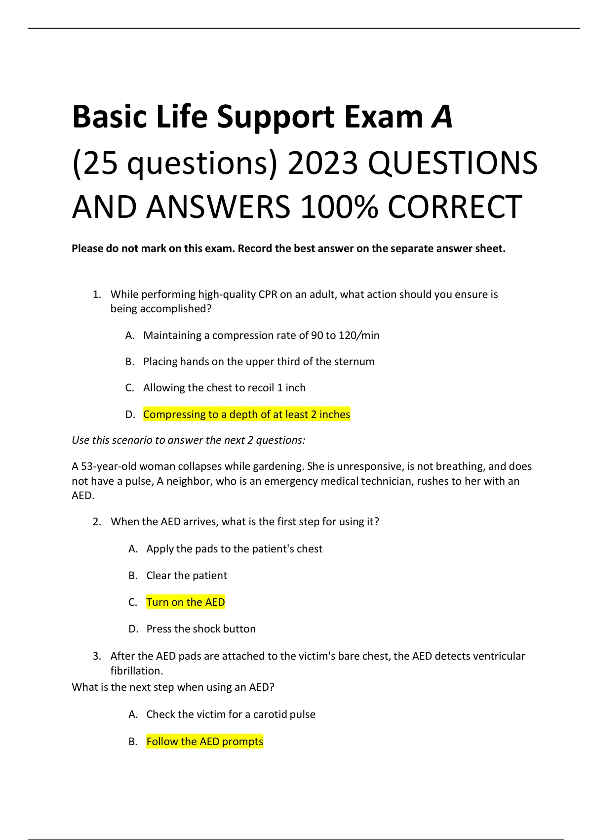 Basic Life Support Exam A (25 questions) 2023 QUESTIONS AND ANSWERS 100