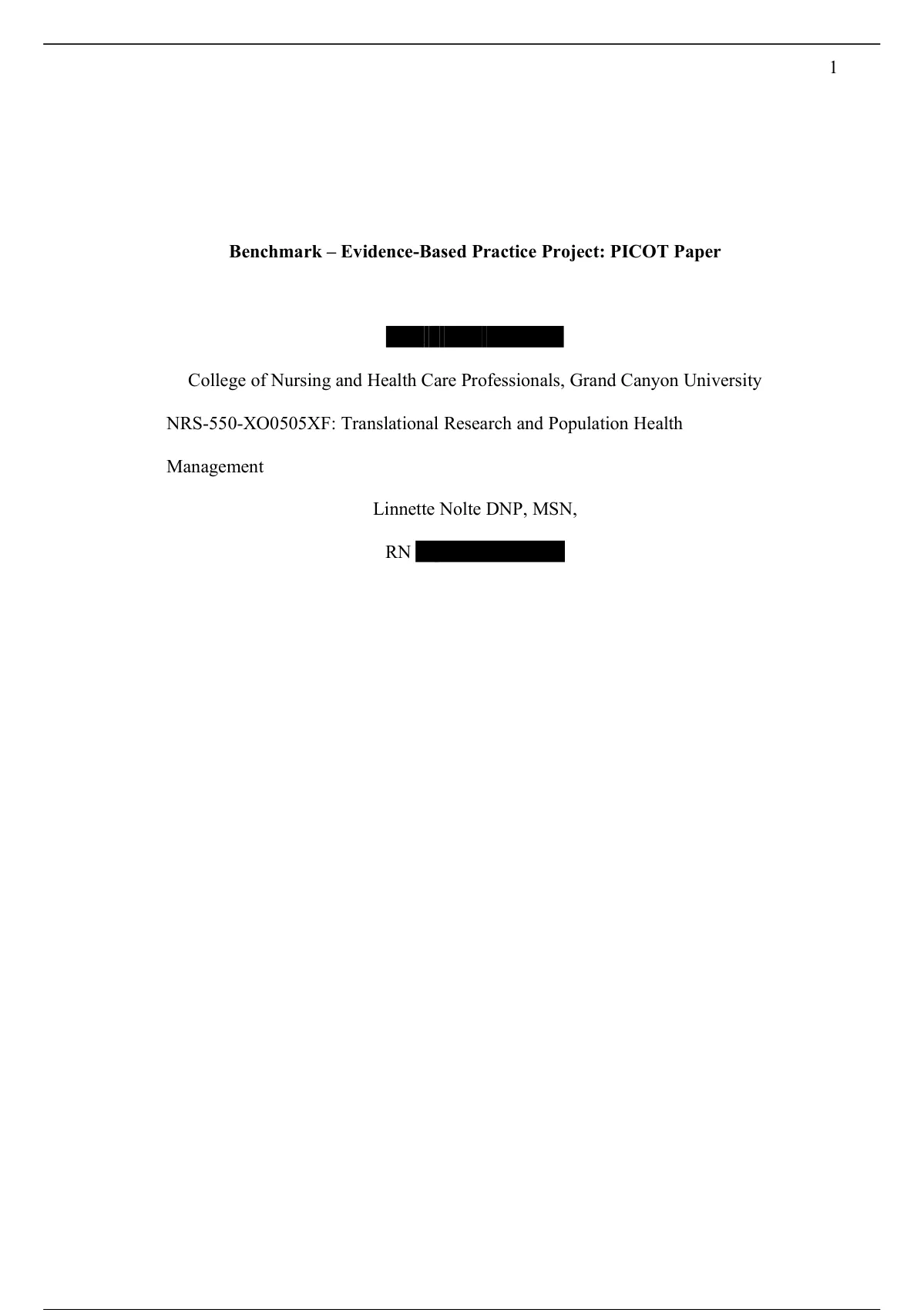 Benchmark - Evidence-Based Practice Project: PICOT Paper NUR 550 • Online  Nursing Essays