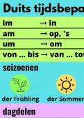 Duits samenvatting tijdsbepalingen, seizoenen, dagdelen, kloktijden en voorbeeldzinnen van de kloktijden  (jaar 1 & 2)