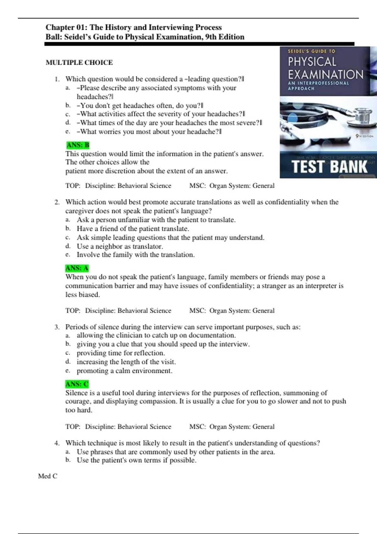 Test Bank for Seidel’s Guide to Physical Examination 9th Edition Jane ...