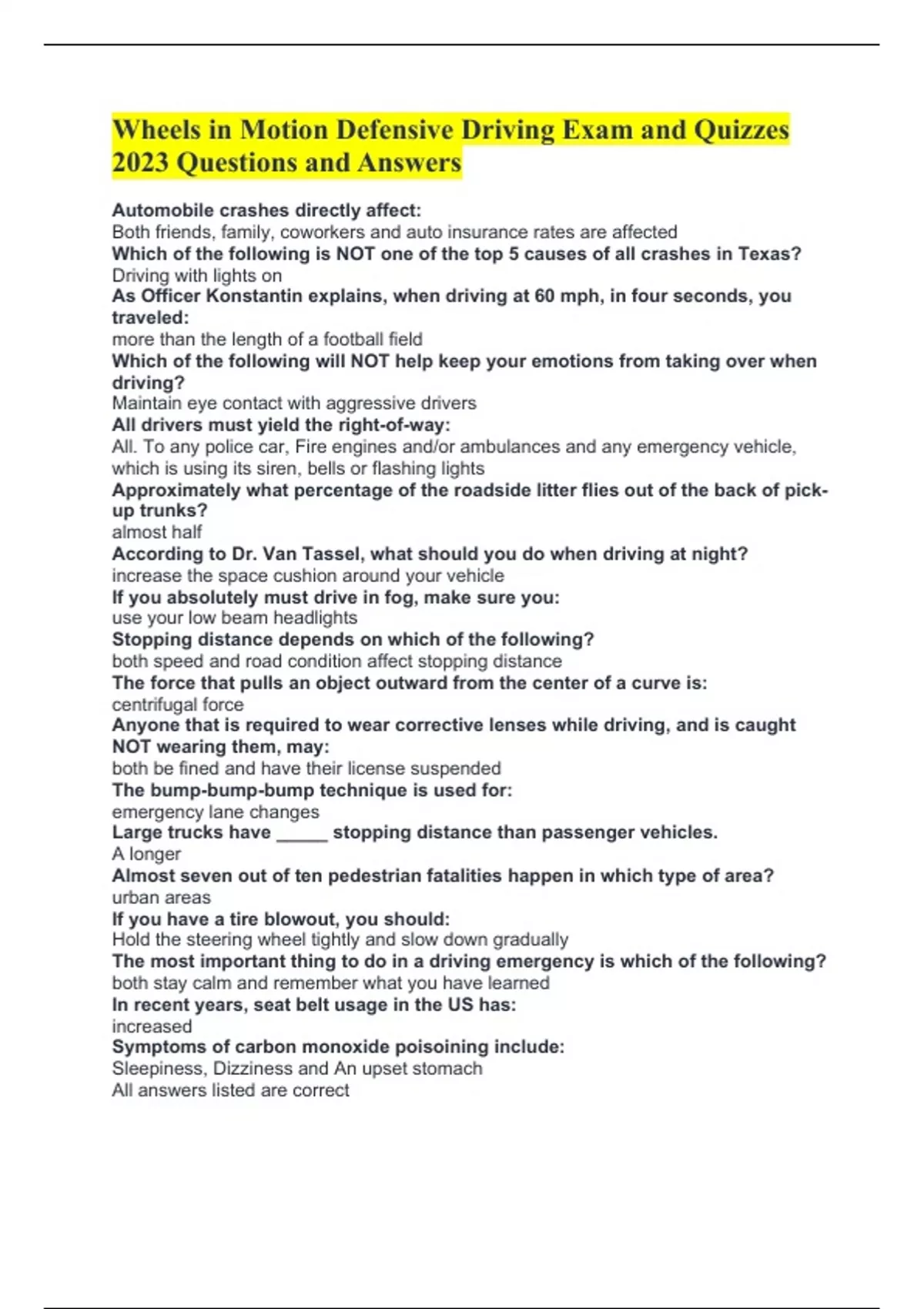 Wheels in Motion Defensive Driving Exam and Quizzes 2023 Questions and Answers Wheels in