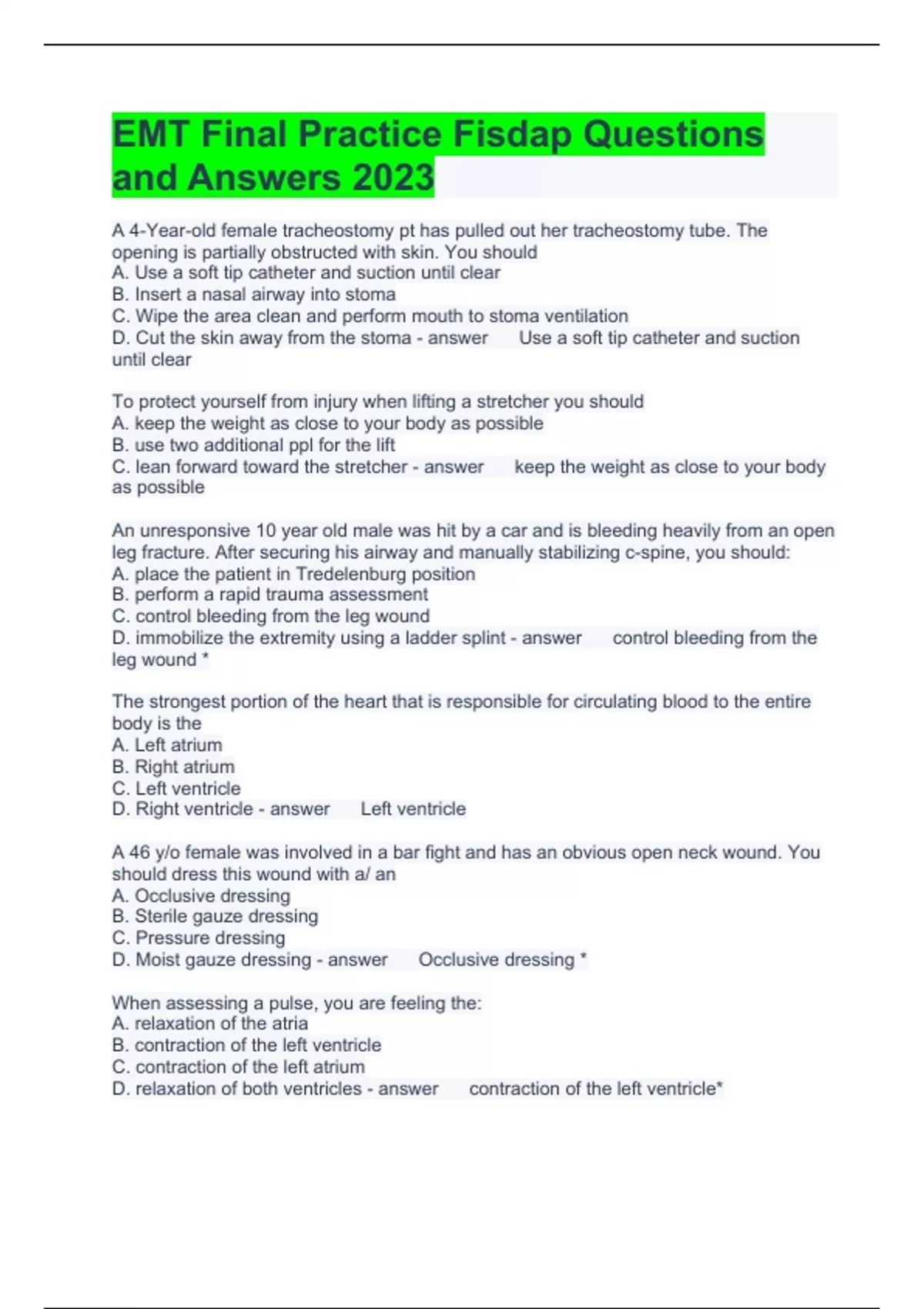 EMT Final Practice Fisdap Questions and Answers 2023 - EMT FISDAP ...