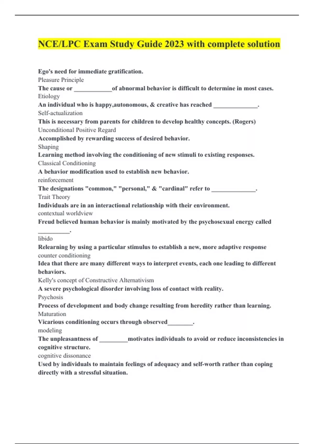 NCE/LPC Exam Study Guide 2023 with complete solution NCE/LPC Stuvia US